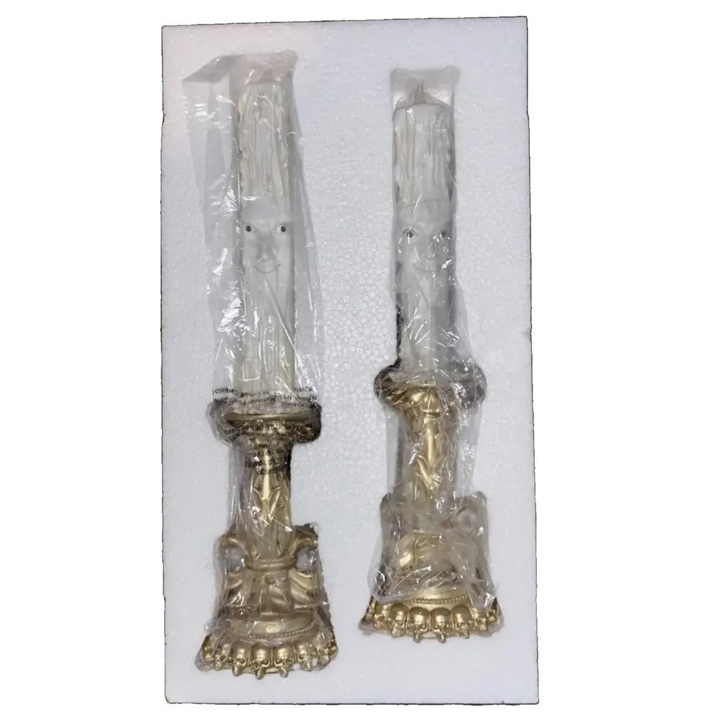 Moonlight Manor LED Lighted Halloween Candle Stick Set w Faces Gold Skull Base